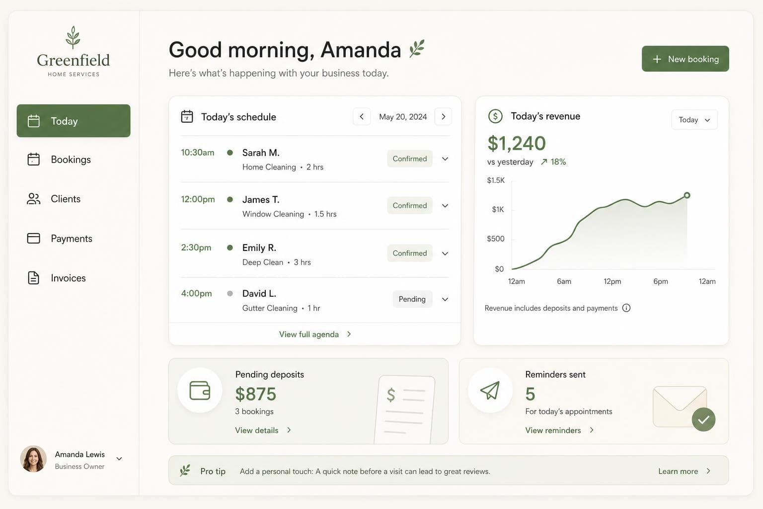 A calm owner view showing bookings, reminders and client details in one place